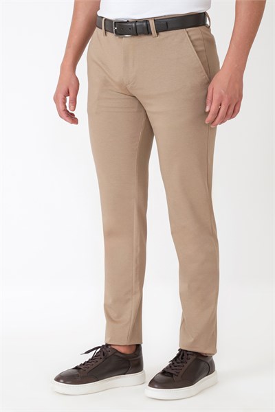 Comfort Fit Rahat Kalıp Yan Cep Pamuklu Dokulu Koyu Bej Pantolon P 1219