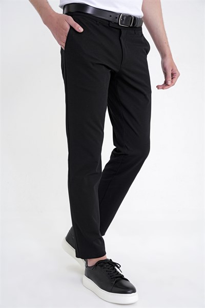 Comfort Fit Rahat Kalıp Yan Cep Pamuklu Dokulu Siyah Pantolon P 1219