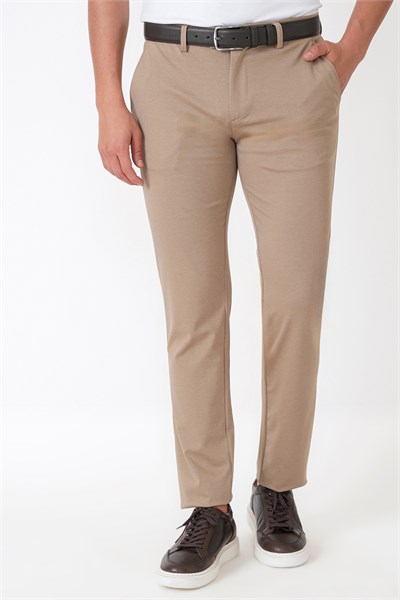 Comfort Fit Rahat Kalıp Yan Cep Pamuklu Dokulu Koyu Bej Pantolon P 1219