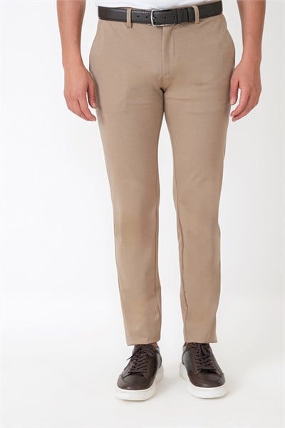 Comfort Fit Rahat Kalıp Yan Cep Pamuklu Dokulu Koyu Bej Pantolon P 1219
