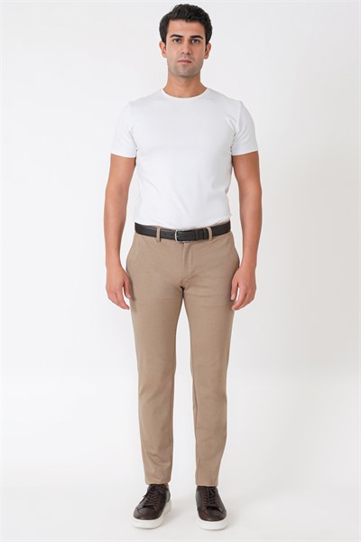 Comfort Fit Rahat Kalıp Yan Cep Pamuklu Dokulu Koyu Bej Pantolon P 1219