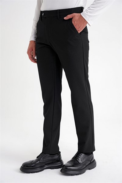 Comfort Fit Rahat Kalıp Yan Cepli Esnek Pamuklu Düz Siyah-1 Pantolon P 1201