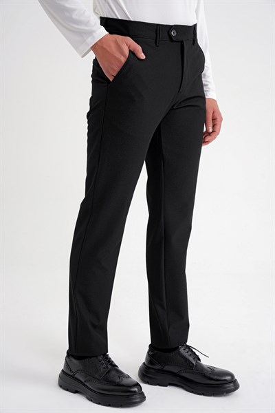 Comfort Fit Rahat Kalıp Yan Cepli Esnek Pamuklu Düz Siyah-1 Pantolon P 1201