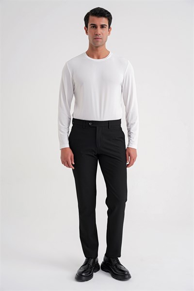 Comfort Fit Rahat Kalıp Yan Cepli Esnek Pamuklu Düz Siyah-1 Pantolon P 1201