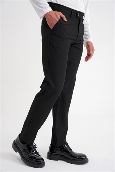Comfort Fit Rahat Kalıp Yan Cepli Esnek Pamuklu Düz Siyah Pantolon P 1201