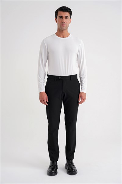 Comfort Fit Rahat Kalıp Yan Cepli Esnek Pamuklu Düz Siyah-1 Pantolon P 1201