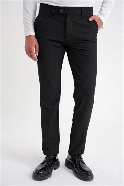 Comfort Fit Rahat Kalıp Yan Cepli Esnek Pamuklu Düz Siyah Pantolon P 1201