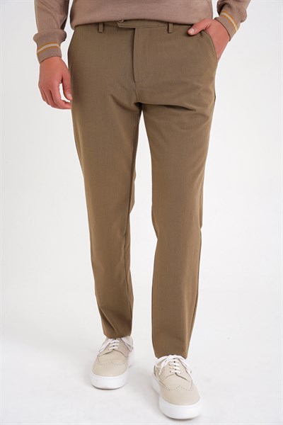 Comfort Fit Rahat Kalıp Yan Cepli Esnek Pamuklu Düz Tütün Pantolon P 1201