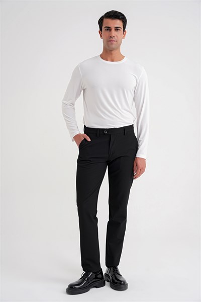 Comfort Fit Rahat Kalıp Yan Cepli Esnek Pamuklu Düz Siyah Pantolon P 1201