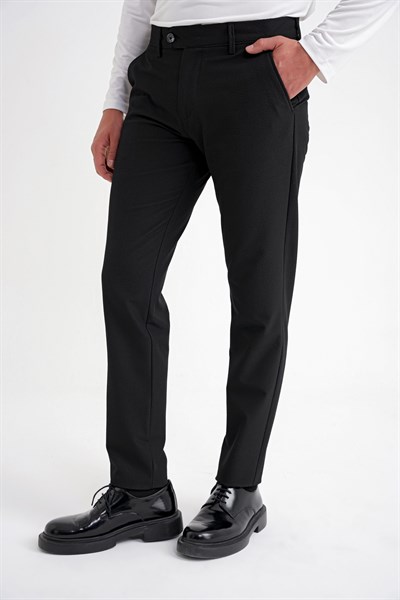 Comfort Fit Rahat Kalıp Yan Cepli Esnek Pamuklu Düz Siyah Pantolon P 1201