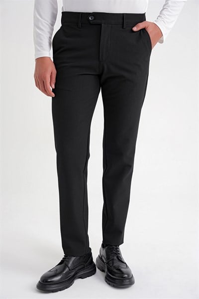 Comfort Fit Rahat Kalıp Yan Cepli Esnek Pamuklu Düz Siyah-1 Pantolon P 1201