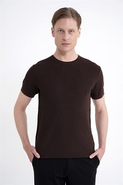Comfort Fit Rayon Karışımlı Bisiklet Yaka Kahverengi Triko Tişört TS 925 