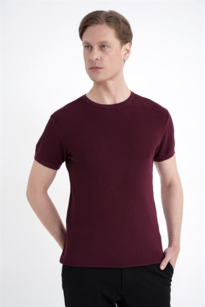Comfort Fit Rayon Karışımlı Bisiklet Yaka Bordo Triko Tişört TS 925 