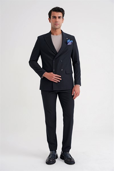 Comfort Fit Sivri Yaka Pamuklu Gofre Kumaş Kruvaze Lacivert Ceket C 719