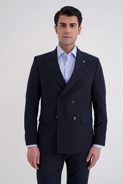 Comfort Fit Sivri Yaka Pamuklu Gofre Kumaş Kruvaze Lacivert-1 Ceket C 719