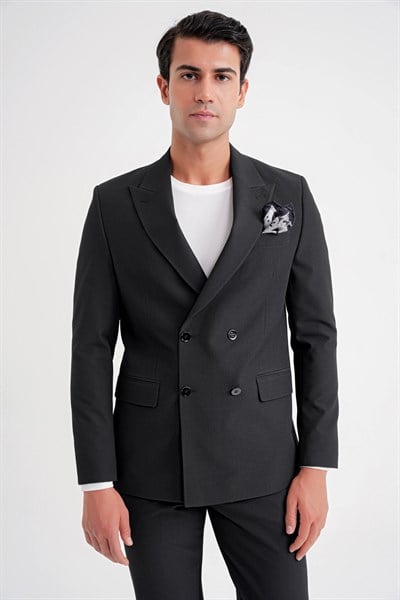 Comfort Fit Sivri Yaka Pamuklu Gofre Kumaş Kruvaze Siyah-1 Ceket C 719