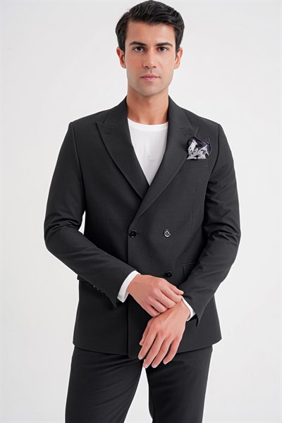 Comfort Fit Sivri Yaka Pamuklu Gofre Kumaş Kruvaze Siyah-1 Ceket C 719