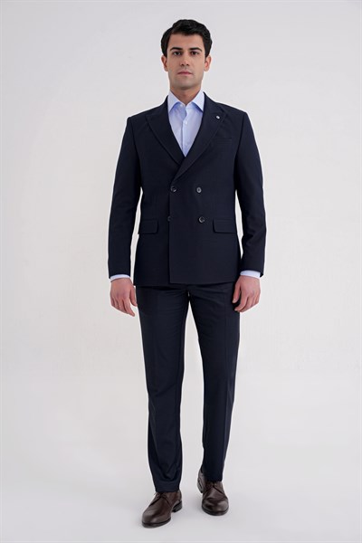 Comfort Fit Sivri Yaka Pamuklu Gofre Kumaş Kruvaze Lacivert-1 Ceket C 719