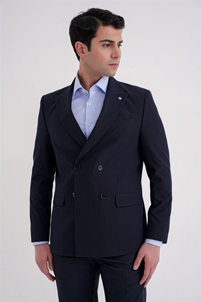 Comfort Fit Sivri Yaka Pamuklu Gofre Kumaş Kruvaze Lacivert-1 Ceket C 719