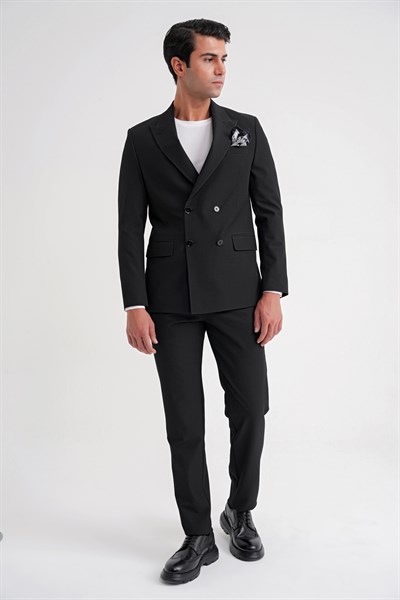Comfort Fit Sivri Yaka Pamuklu Gofre Kumaş Kruvaze Siyah-1 Ceket C 719