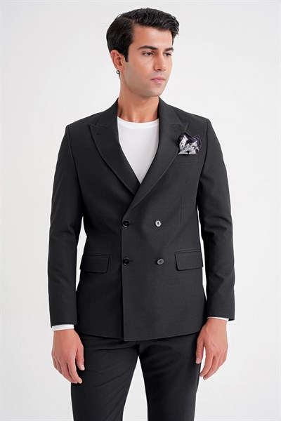 Comfort Fit Sivri Yaka Pamuklu Gofre Kumaş Kruvaze Siyah-1 Ceket C 719