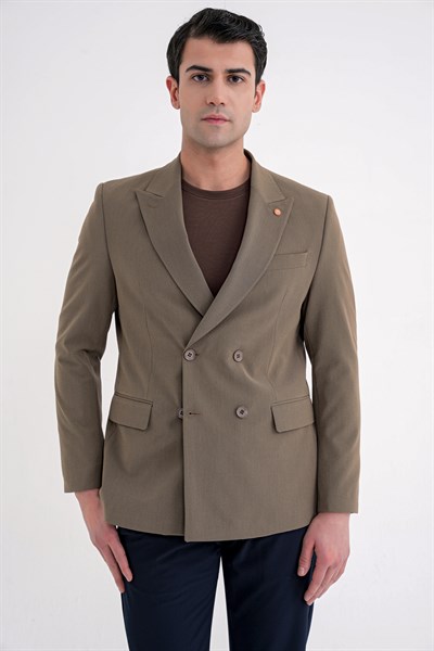 Comfort Fit Sivri Yaka Pamuklu Gofre Kumaş Kruvaze Tütün Ceket C 719