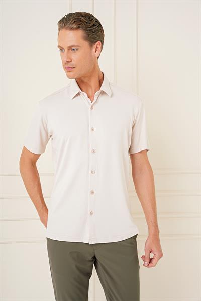Comfort Fit Spor Yaka Kısa Kol Esnek Pamuk Bej Gömlek G 1573