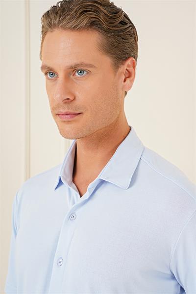 Comfort Fit Spor Yaka Kısa Kol Esnek Pamuk Mavi Gömlek G 1573