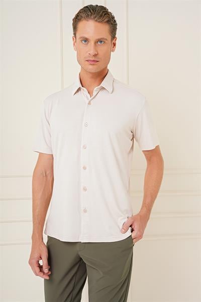 Comfort Fit Spor Yaka Kısa Kol Esnek Pamuk Bej Gömlek G 1573