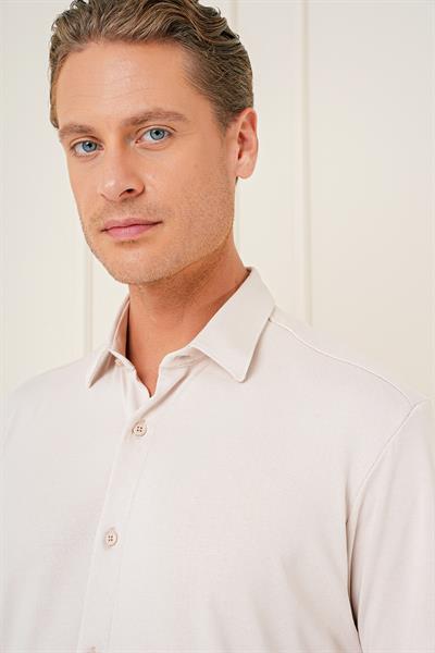 Comfort Fit Spor Yaka Kısa Kol Esnek Pamuk Bej Gömlek G 1573