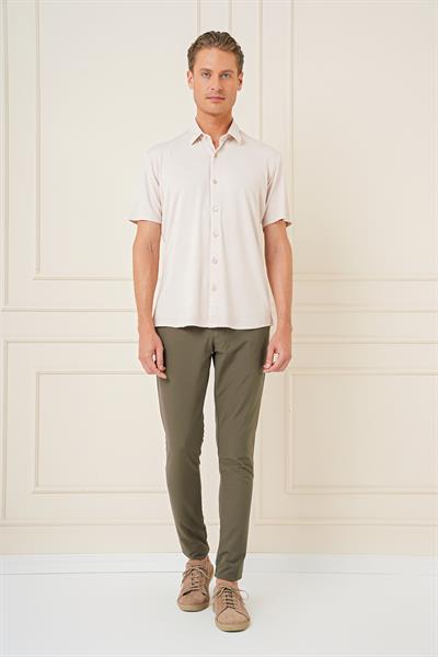Comfort Fit Spor Yaka Kısa Kol Esnek Pamuk Bej Gömlek G 1573