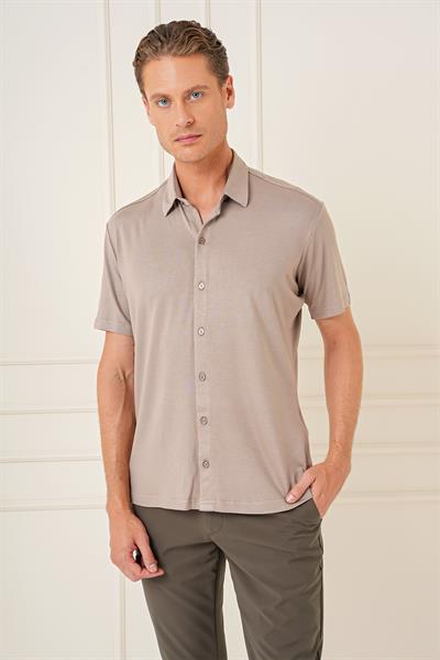 Comfort Fit Spor Yaka Kısa Kollu Esnek Pamuk Kısa Kollulu Vizon Gömlek G 1573