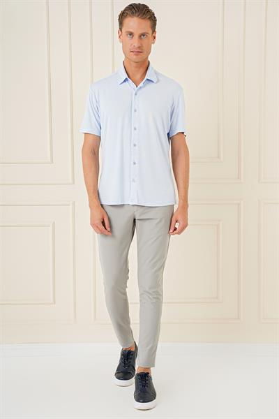 Comfort Fit Spor Yaka Kısa Kollu Esnek Pamuk Kısa Kollulu Mavi Gömlek G 1573