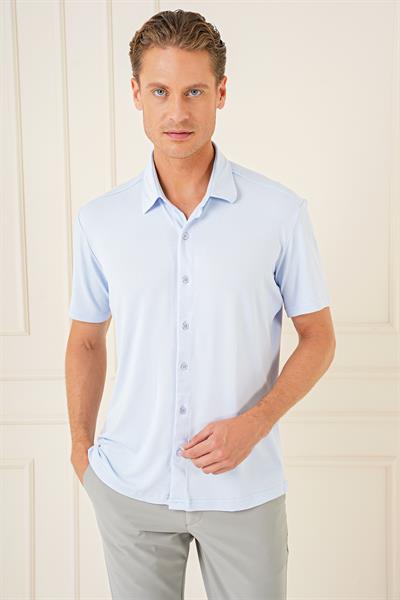 Comfort Fit Spor Yaka Kısa Kol Esnek Pamuk Mavi Gömlek G 1573