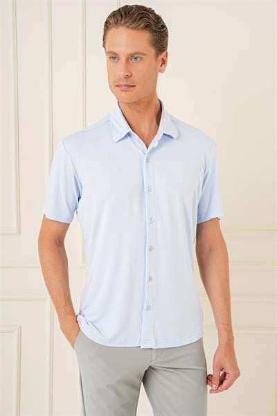 Comfort Fit Spor Yaka Kısa Kol Esnek Pamuk Mavi Gömlek G 1573