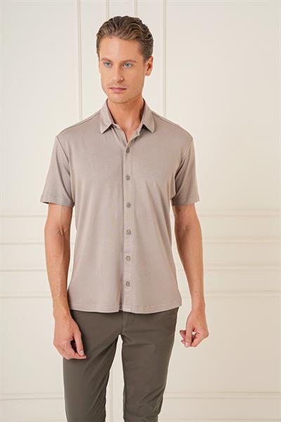 Comfort Fit Spor Yaka Kısa Kollu Esnek Pamuk Kısa Kollulu Vizon Gömlek G 1573