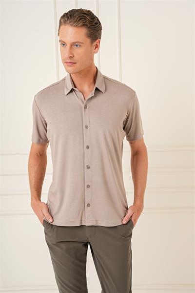 Comfort Fit Spor Yaka Kısa Kol Esnek Pamuk Vizon Gömlek G 1573