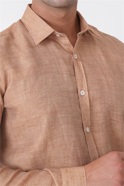 Comfort Fit Spor Yaka Kolu Katlanabilir Caramel Keten Gömlek G 1612