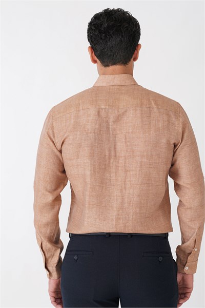 Comfort Fit Spor Yaka Kolu Katlanabilir Caramel Keten Gömlek G 1612
