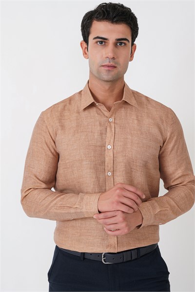 Comfort Fit Spor Yaka Kolu Katlanabilir Caramel Keten Gömlek G 1612