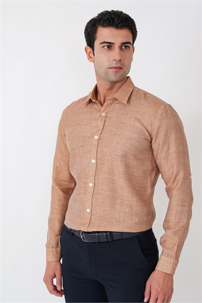 Comfort Fit Spor Yaka Kolu Katlanabilir Caramel Keten Gömlek G 1612
