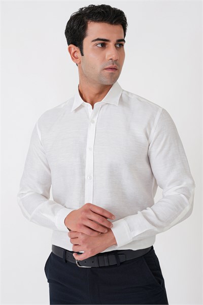 Comfort Fit Spor Yaka Kolu Katlanabilir Ekru Keten Gömlek G 1612