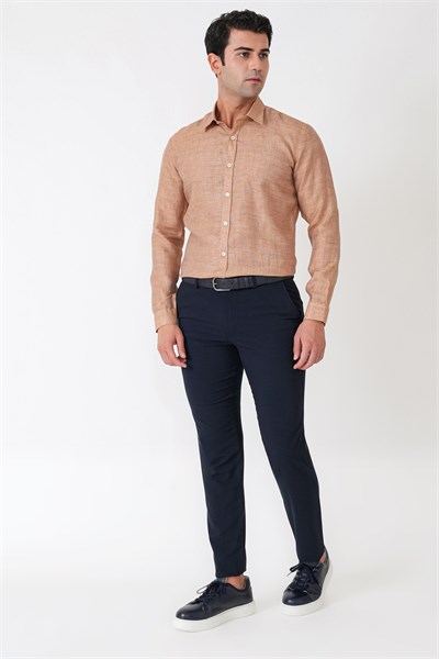 Comfort Fit Spor Yaka Kolu Katlanabilir Caramel Keten Gömlek G 1612