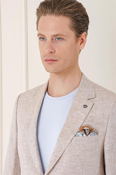 Comfort Fit Torba Cep Çift Yırtmaç %100 Keten Casual Bej Ceket C 666