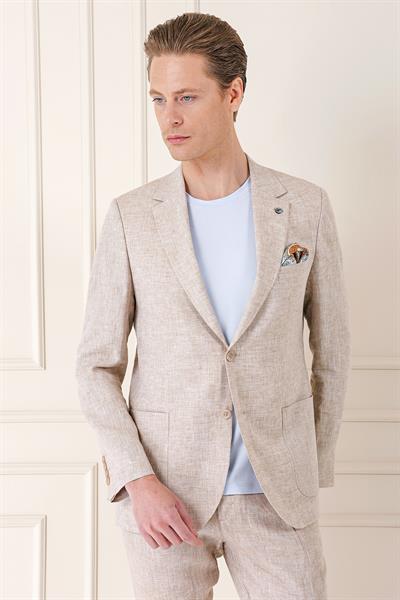 Comfort Fit Torba Cep Çift Yırtmaç %100 Keten Casual Bej Ceket C 666