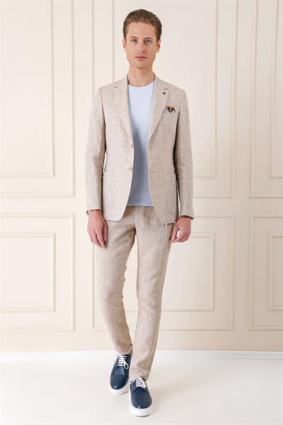 Comfort Fit Torba Cep Çift Yırtmaç %100 Keten Casual Bej Ceket C 666