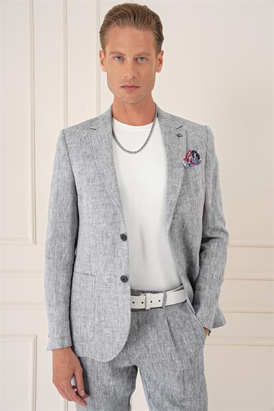 Comfort Fit Torba Cep Çift Yırtmaç %100 Keten Casual Lacivert Ceket C 666