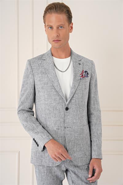 Comfort Fit Torba Cep Çift Yırtmaç %100 Keten Casual Lacivert Ceket C 666