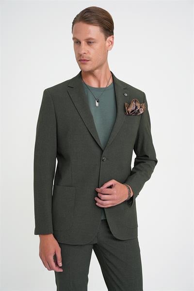 Comfort Fit Torba Cep Çift Yırtmaç Esnek Dokulu Pamuk Yeşil Spor Ceket C 713