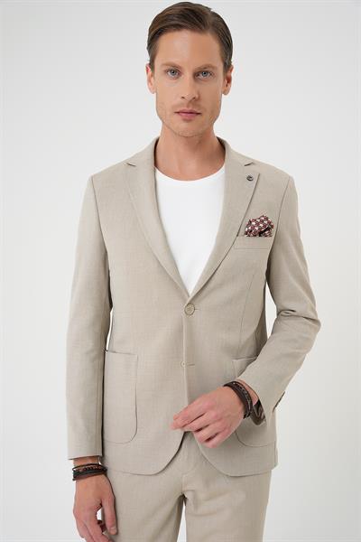 Comfort Fit Torba Cep Dokulu Esnek Pamuk Casual Bej Ceket C 676
